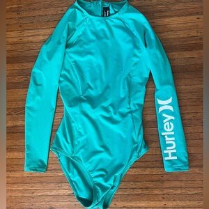 EUC Hurley one piece long sleeve rash guard swim suit seafoam Sz small